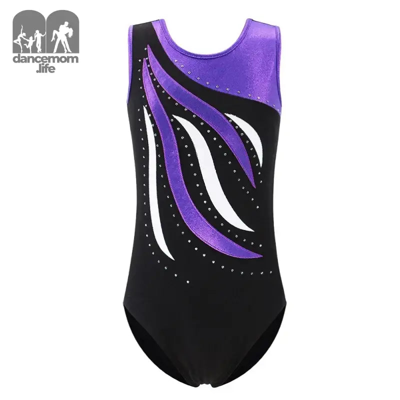 Black and purple gymnastics leotard.