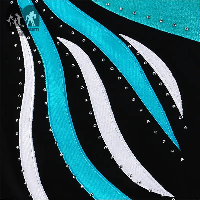 Black fabric with turquoise and white embellishments.