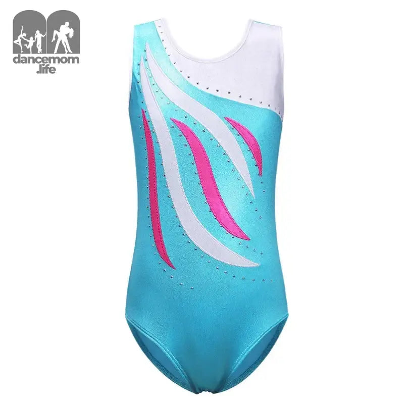 Blue and white gymnastics leotard.