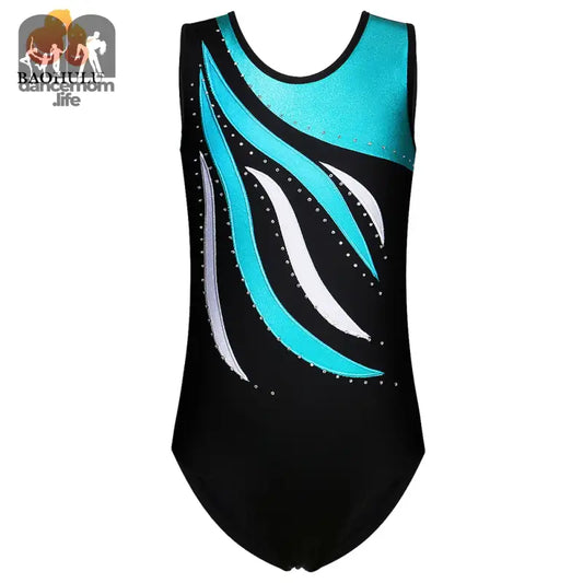 Black and turquoise gymnastics leotard.