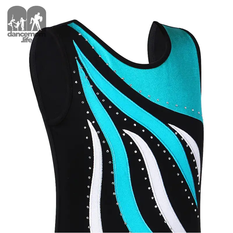 Black and turquoise gymnastics leotard.