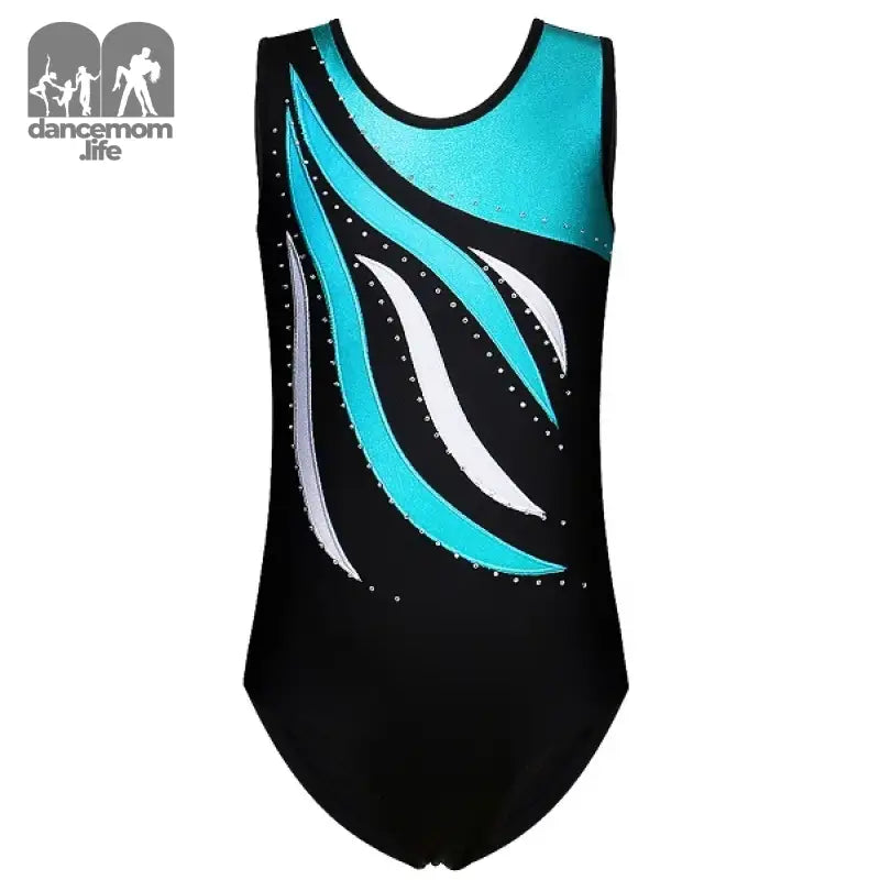 Black and turquoise gymnastics leotard.