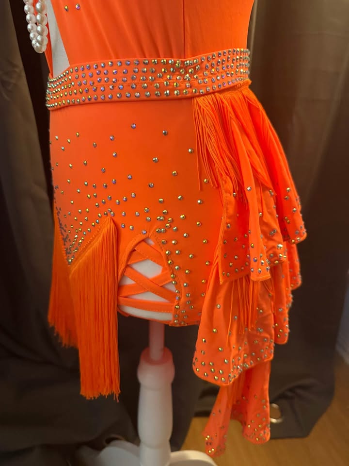 Tropical Fire - Adult Medium Bright Orange Latin Tap or Jazz Dance Costume with Hand-Stoned Crystals and Pearls