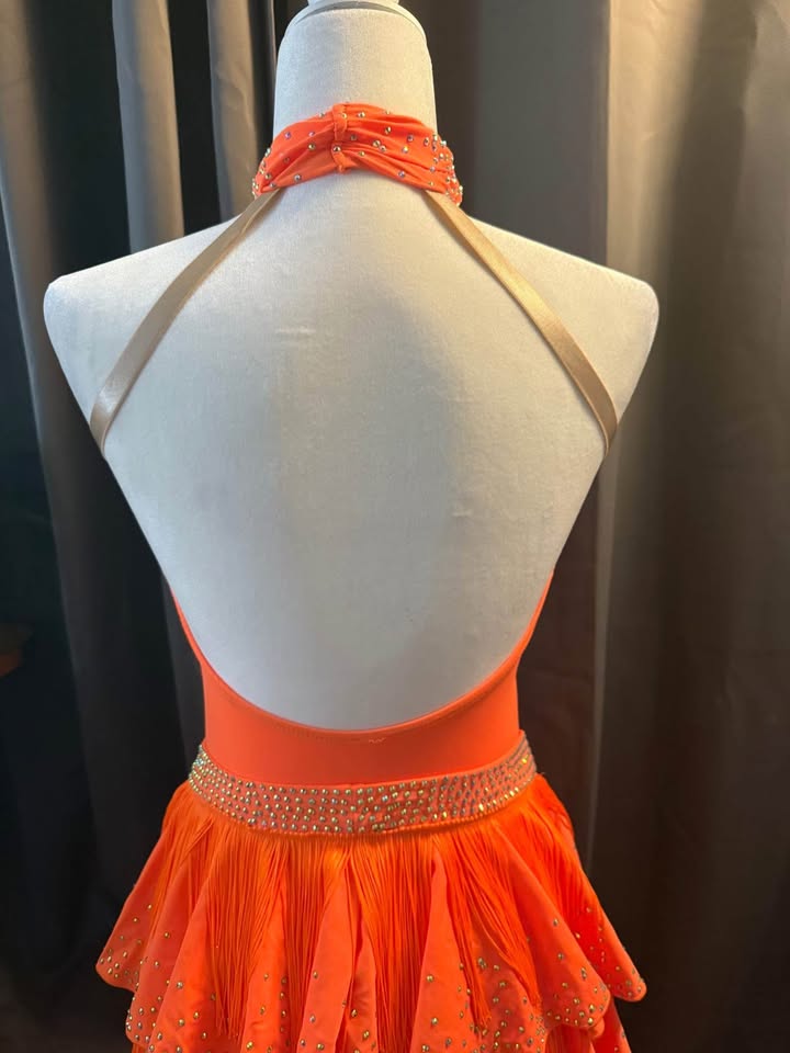 Tropical Fire - Adult Medium Bright Orange Latin Tap or Jazz Dance Costume with Hand-Stoned Crystals and Pearls