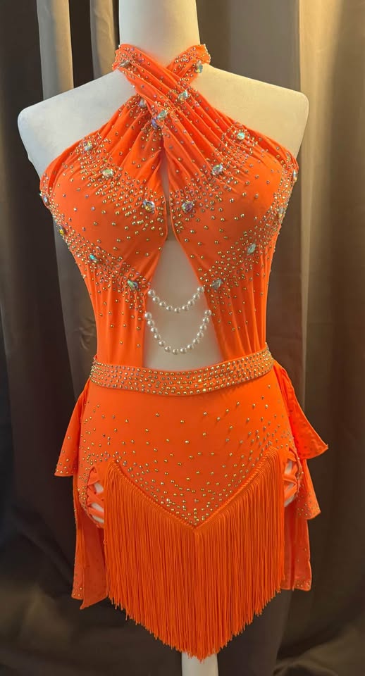 Tropical Fire - Adult Medium Bright Orange Latin Tap or Jazz Dance Costume with Hand-Stoned Crystals and Pearls