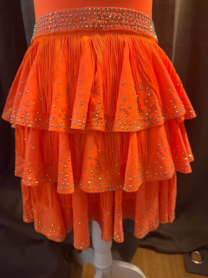 Tropical Fire - Adult Medium Bright Orange Latin Tap or Jazz Dance Costume with Hand-Stoned Crystals and Pearls