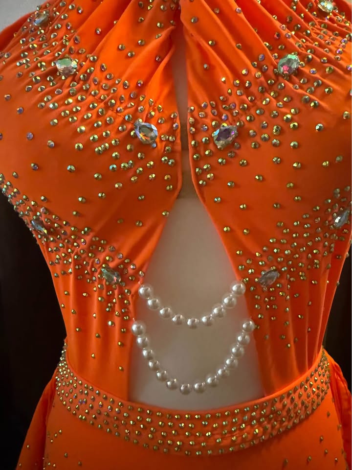 Tropical Fire - Adult Medium Bright Orange Latin Tap or Jazz Dance Costume with Hand-Stoned Crystals and Pearls