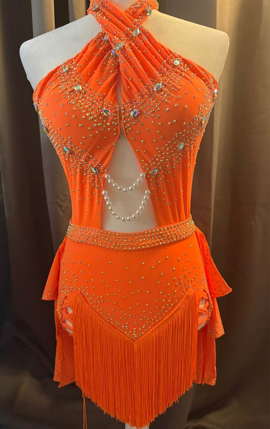 Tropical Fire - Adult Medium Bright Orange Latin Tap or Jazz Dance Costume with Hand-Stoned Crystals and Pearls