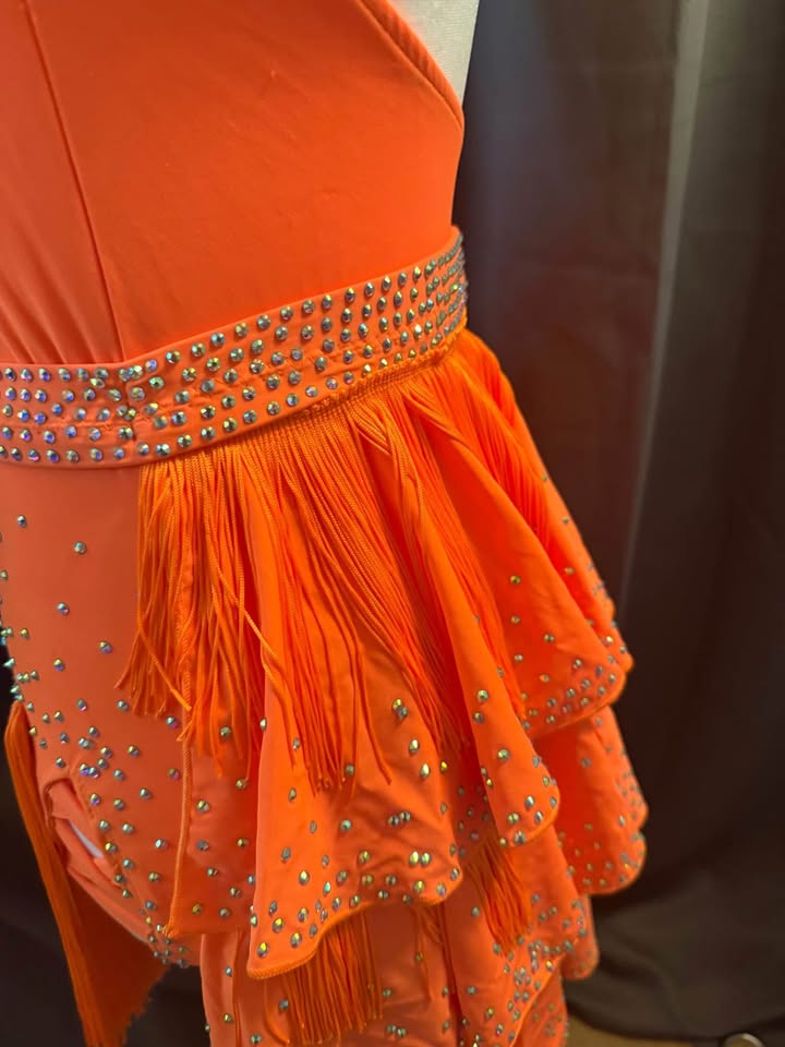 Tropical Fire - Adult Medium Bright Orange Latin Tap or Jazz Dance Costume with Hand-Stoned Crystals and Pearls