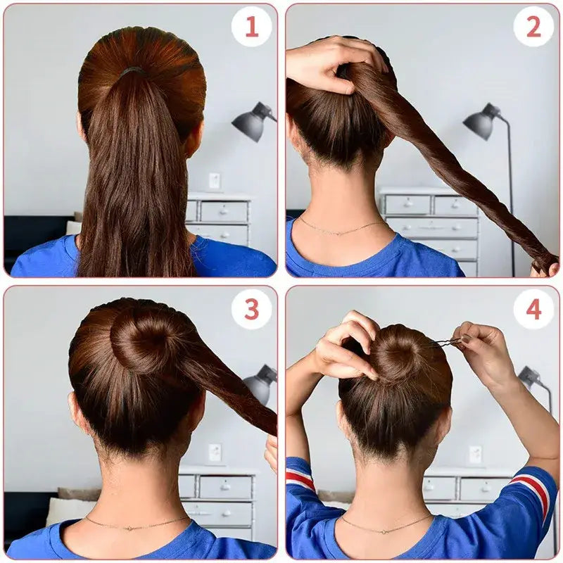 Step-by-step tutorial showing how to create a wrapped bun hairstyle.