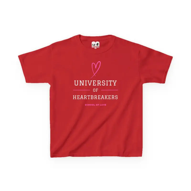 Red t-shirt with ’University of Heartbreakers’ text and a heart design.
