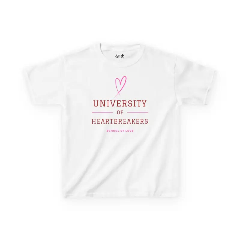 White t-shirt with pink text reading ’University of Heartbreakers’ and a heart design.