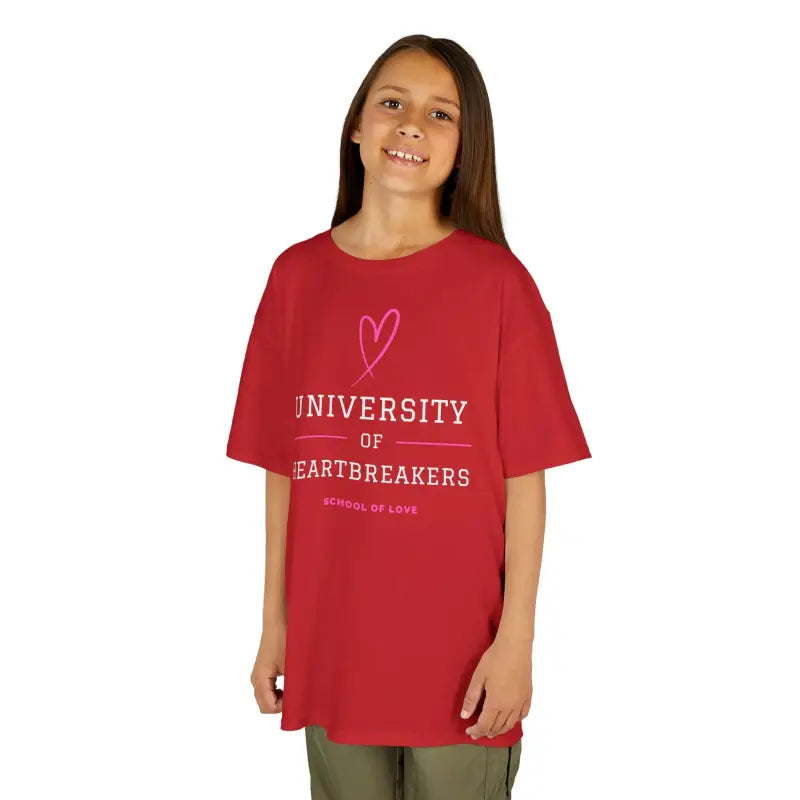 Red t-shirt with ’University of Heartbreakers’ text and a heart design.