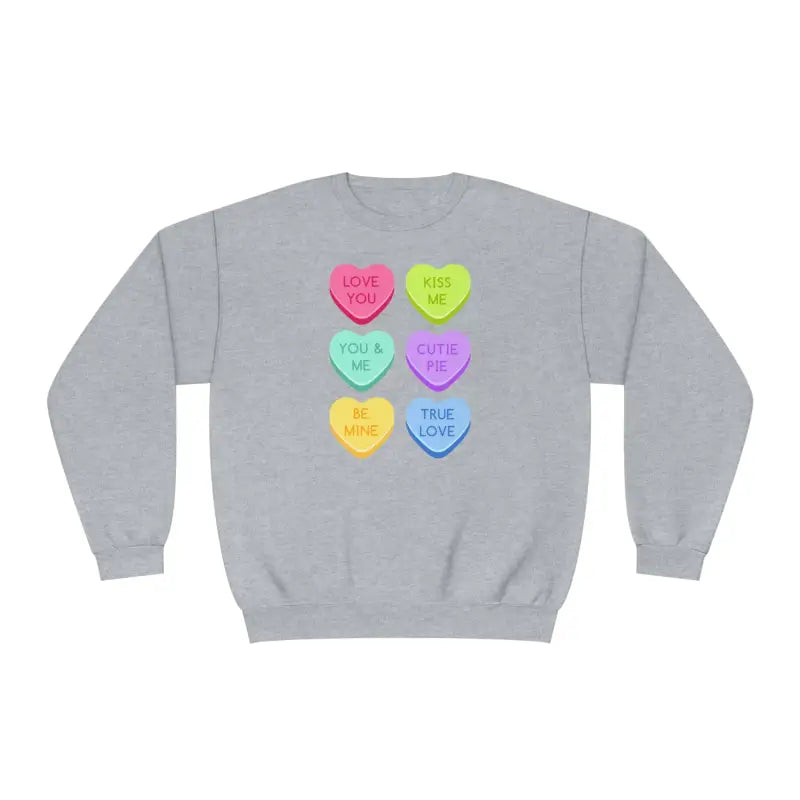 Grey sweatshirt with colorful candy heart designs printed on the front.