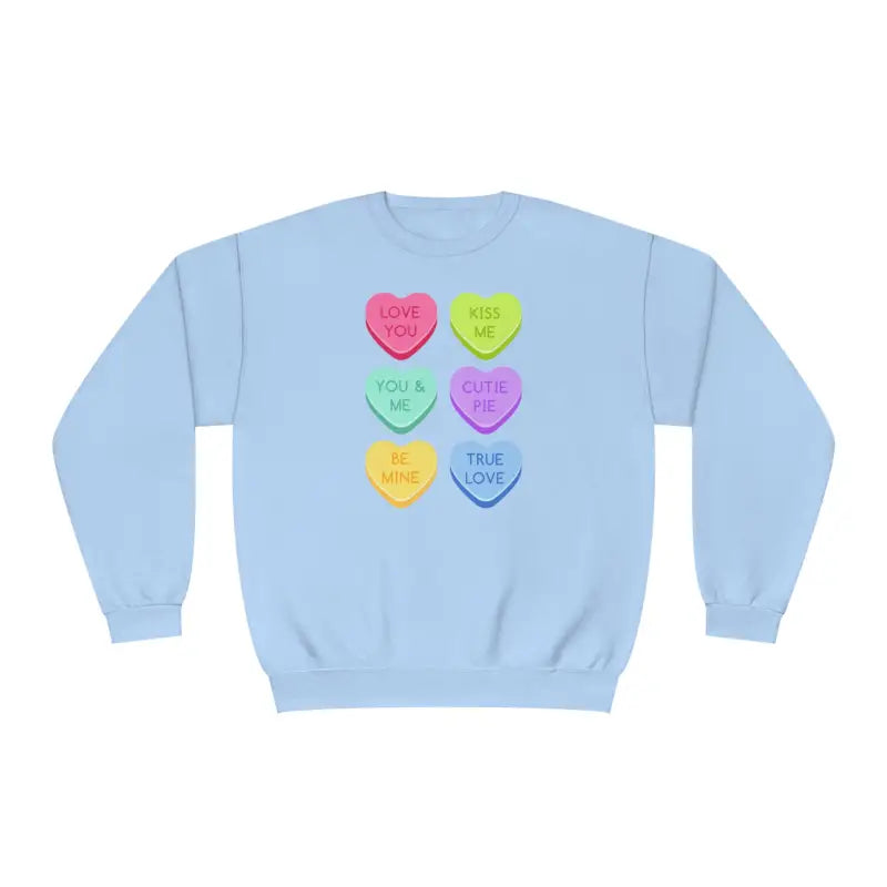 Light blue sweatshirt with colorful heart-shaped candy designs printed on the front.