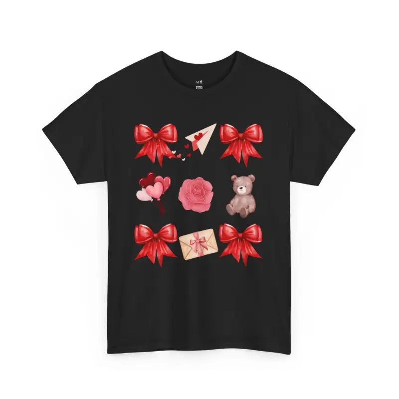 Black t-shirt featuring red bows, hearts, roses, teddy bear and love letter designs arranged in a grid pattern.