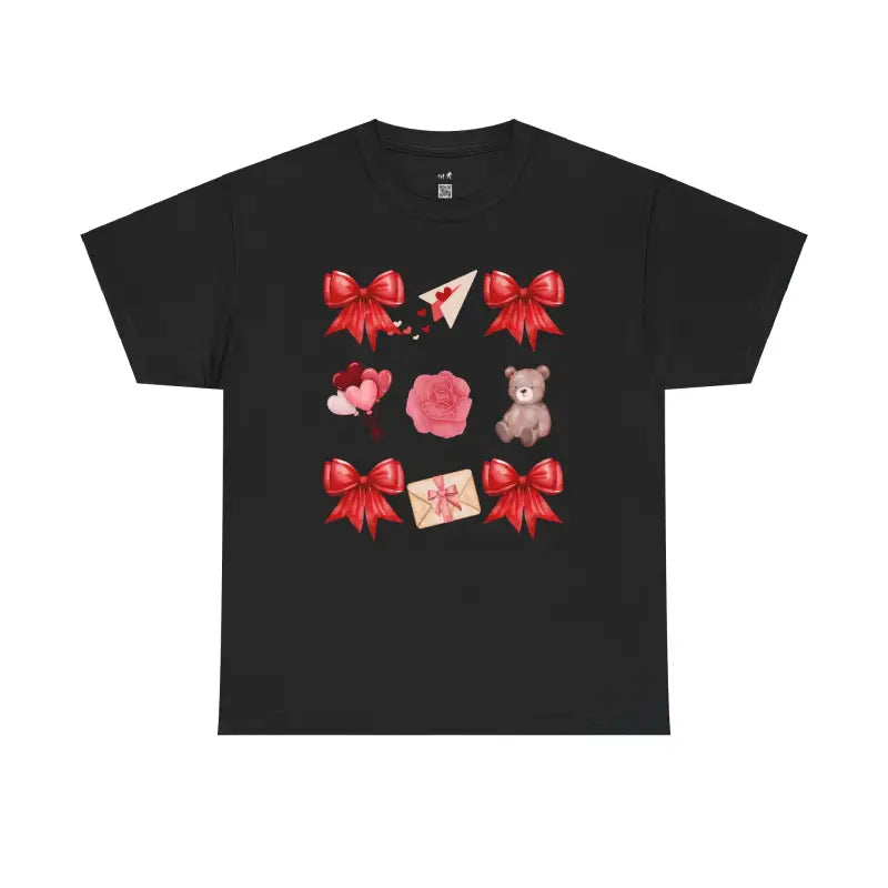 Black t-shirt featuring red bows, hearts, roses, teddy bear and envelope designs arranged in a grid pattern.