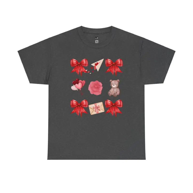 Dark grey t-shirt featuring Valentine’s Day themed graphics with red bows, hearts, roses, teddy bear, and envelope designs.