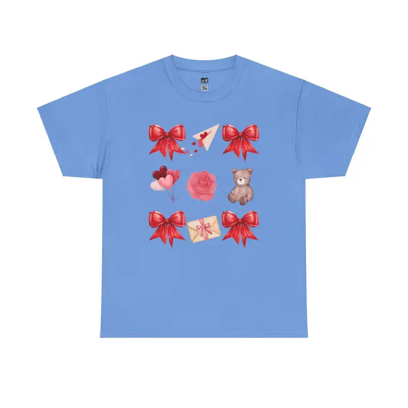 Light blue t-shirt with red bows and cute decorative elements printed on the front.