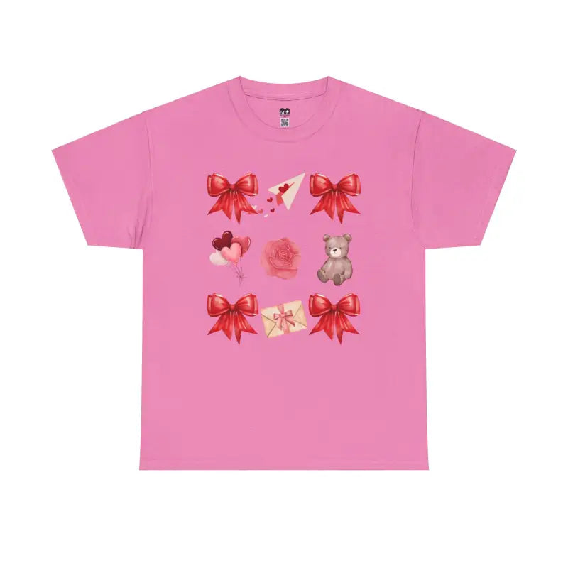 Pink t-shirt featuring red bows and teddy bear graphics.