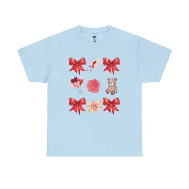 Light blue t-shirt with red bows, flowers, and teddy bear graphics arranged in a grid pattern.