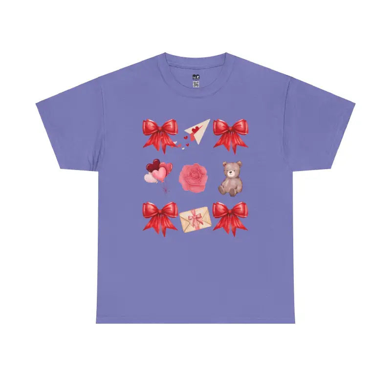 Purple t-shirt with red bows, teddy bear, and Valentine’s Day themed graphics printed on the front.