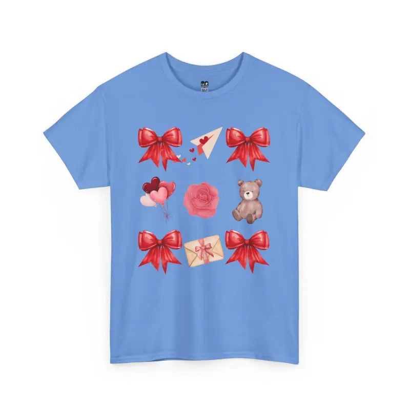 Light blue t-shirt featuring red bows, hearts, roses, and teddy bear graphics.