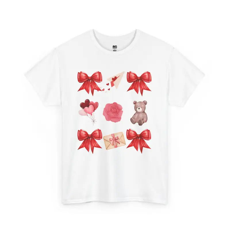 White t-shirt featuring a grid of Valentine’s Day themed illustrations including red bows, hearts, roses, and a teddy bear.