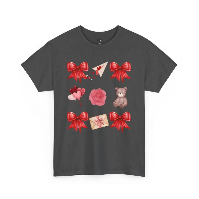 Dark gray t-shirt featuring Valentine’s Day themed graphics with red bows, hearts, roses, teddy bear, and love letter.