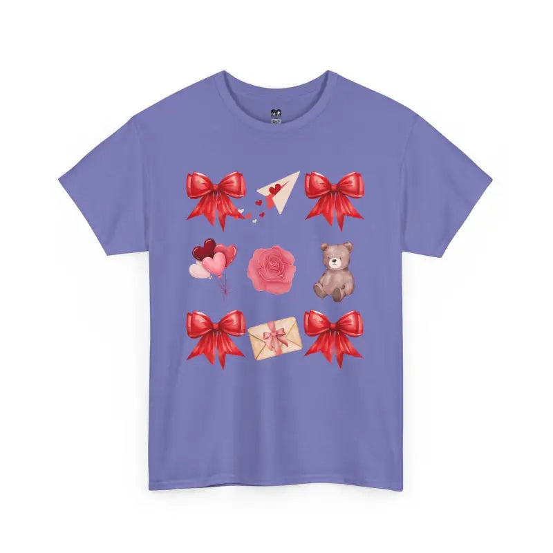 Purple t-shirt featuring red bows, hearts, roses, a teddy bear, and gift designs.