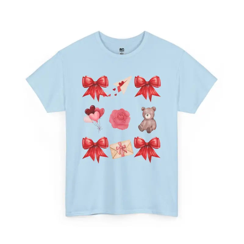 Light blue t-shirt featuring red bows, hearts, roses, and a teddy bear design.