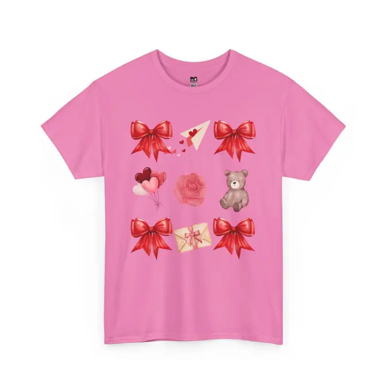 Pink t-shirt featuring red bows, hearts, roses, and teddy bear graphics.