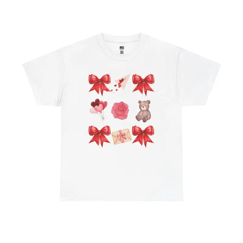 White t-shirt with red bows, pink flowers, and teddy bear design arranged in a grid pattern.