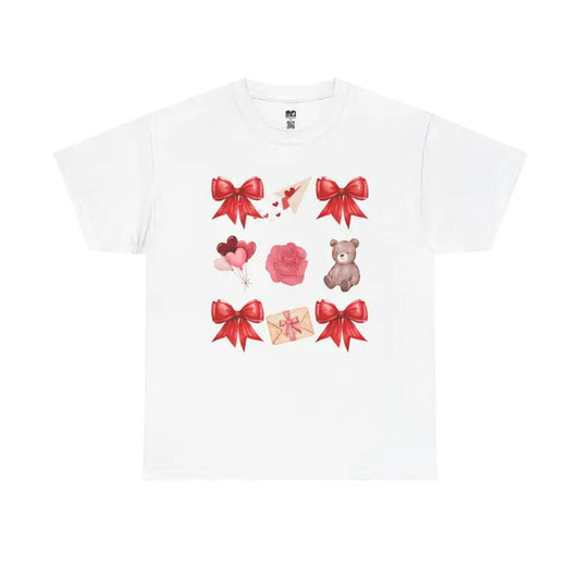White t-shirt with red bows, pink flowers, and teddy bear design arranged in a grid pattern.