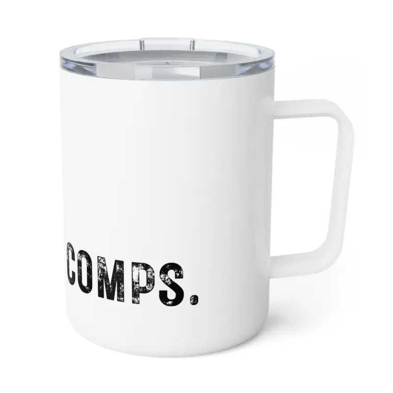 White insulated mug with ’COMPS.’ text printed in black.