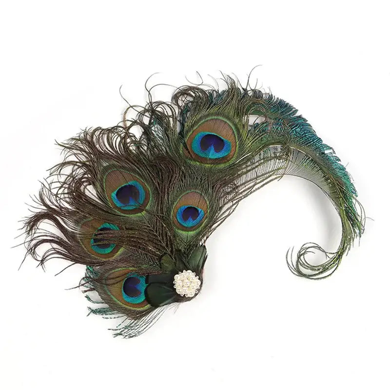 Peacock feather headpiece with decorative flower.