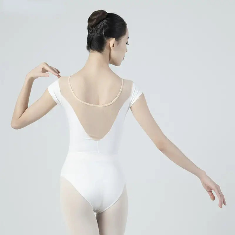 White ballet leotard with mesh back panel and cap sleeves.