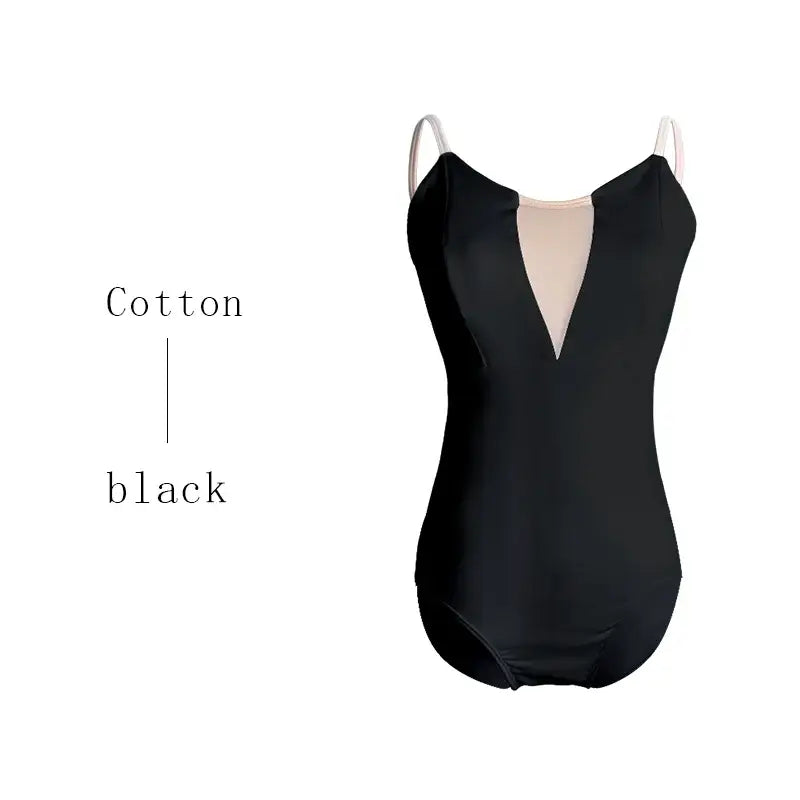 Black cotton leotard with mesh insert and spaghetti straps.