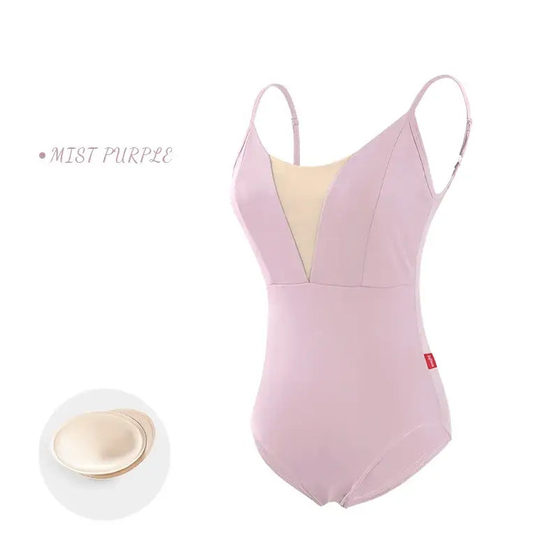 Mist purple ballet leotard with spaghetti straps and a plunging mesh neckline.