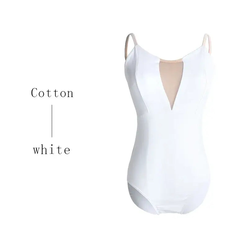 White cotton leotard with a plunging mesh V-neckline.