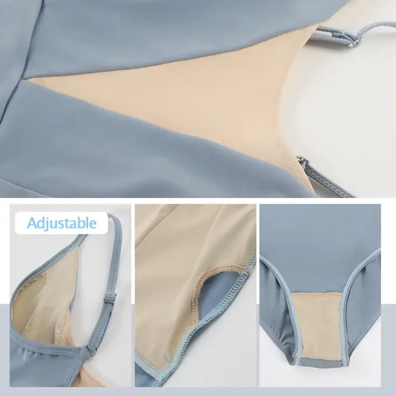 Adjustable blue and beige sports bra with mesh panels.