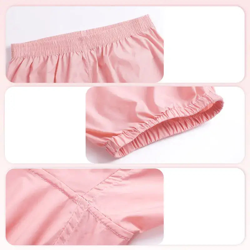 Pink elastic ruffled fabric trim or edging shown from different angles.