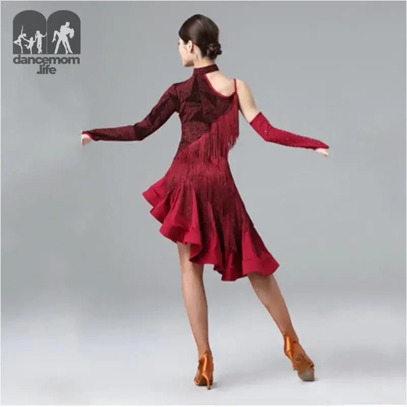 Burgundy fringe Latin dance dress.