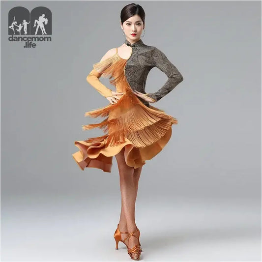 Woman in a fringed ballroom dance dress.