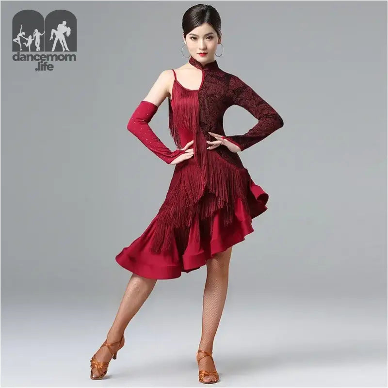 Burgundy fringe dance dress.