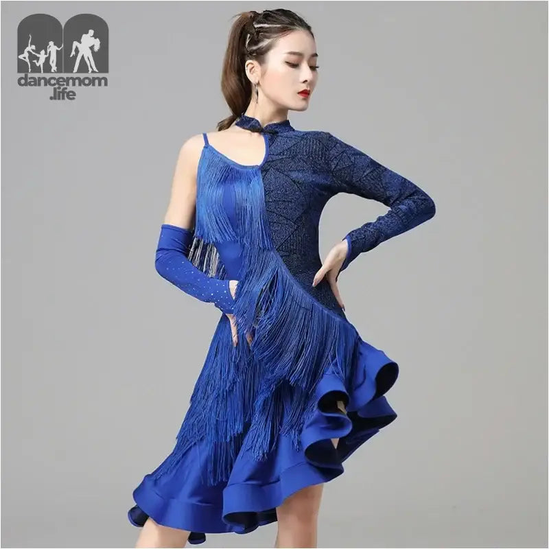 Blue fringed ballroom dance dress.