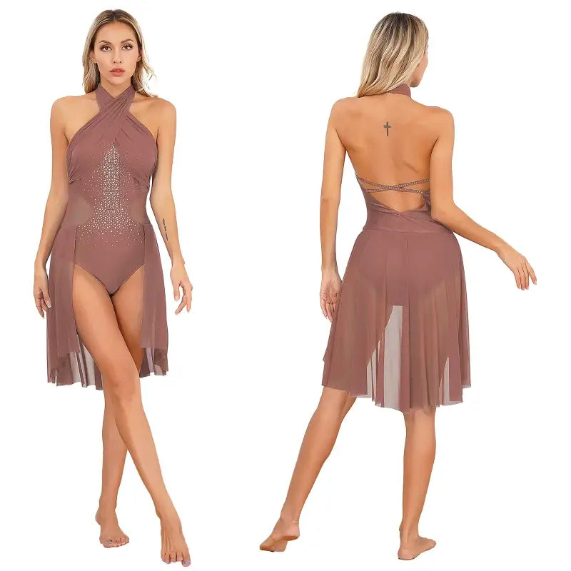 Mauve halter-neck dance leotard with attached sheer mesh skirt and rhinestone details.