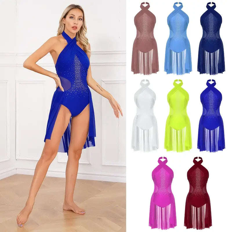 Sparkly halter-neck dance leotard with fringed skirt overlay available in multiple colors.