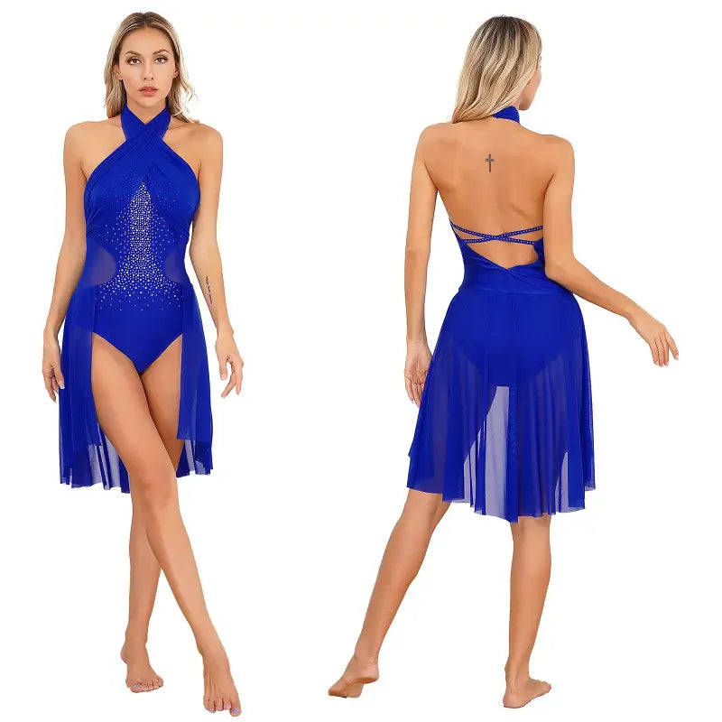 Royal blue halter-neck dance costume with sheer mesh skirt overlay and rhinestone embellishments.