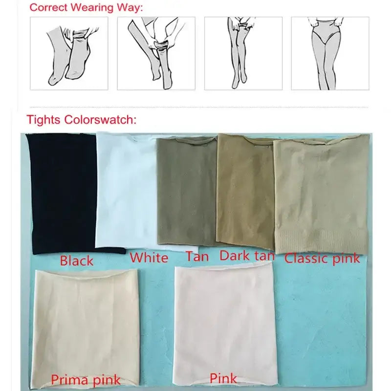 Instructional diagram showing proper tights wearing technique and color swatches including black, white, tan, and pink variations.